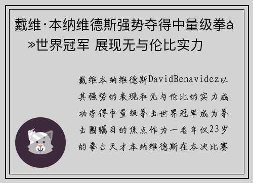 戴维·本纳维德斯强势夺得中量级拳击世界冠军 展现无与伦比实力