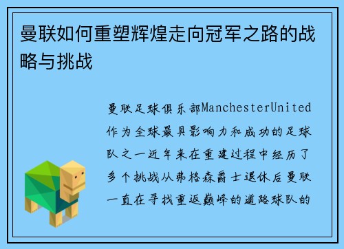 曼联如何重塑辉煌走向冠军之路的战略与挑战