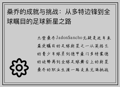 桑乔的成就与挑战：从多特边锋到全球瞩目的足球新星之路