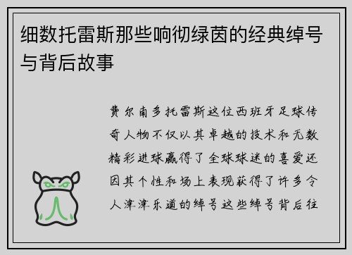 细数托雷斯那些响彻绿茵的经典绰号与背后故事